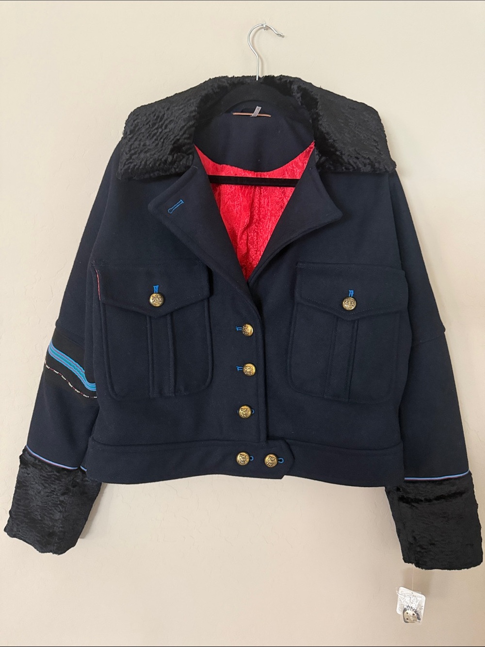 Free People Wool Blend Eisenhower Military Jacket w/Faux Fur Beading Ribbon Sz M - Picture 3 of 15